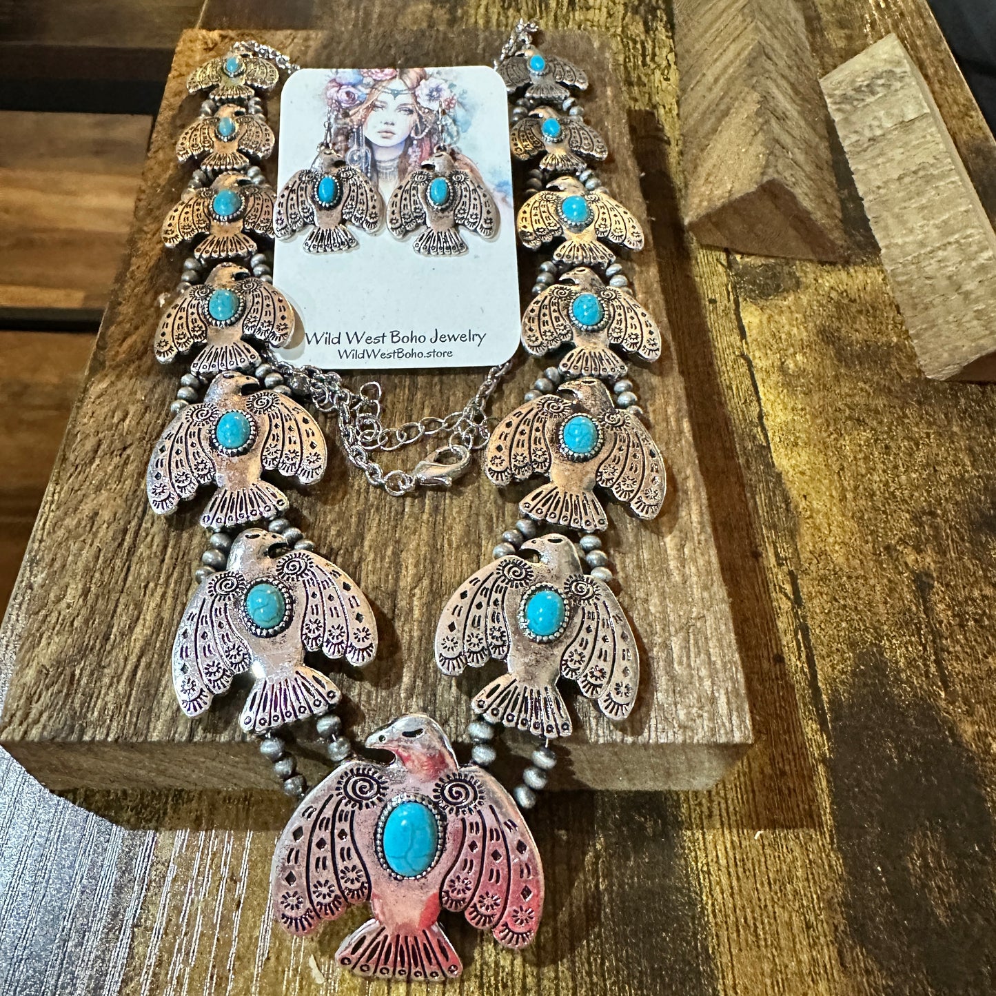 Boho Native American Turquoise Thunderbirds Charm Jewelry Set, Gift Box