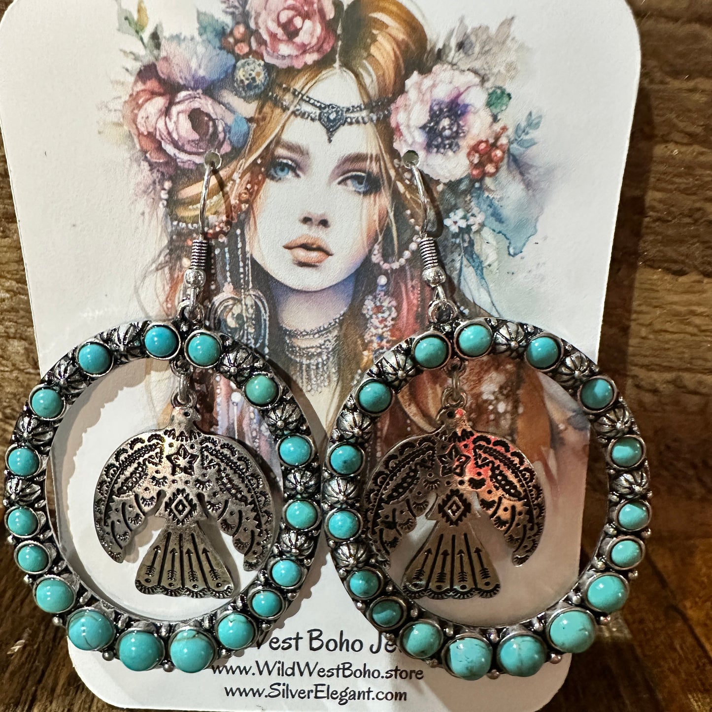 Boho Turquoise Thunderbird Oversized Western Oval Earrings, Gift Box