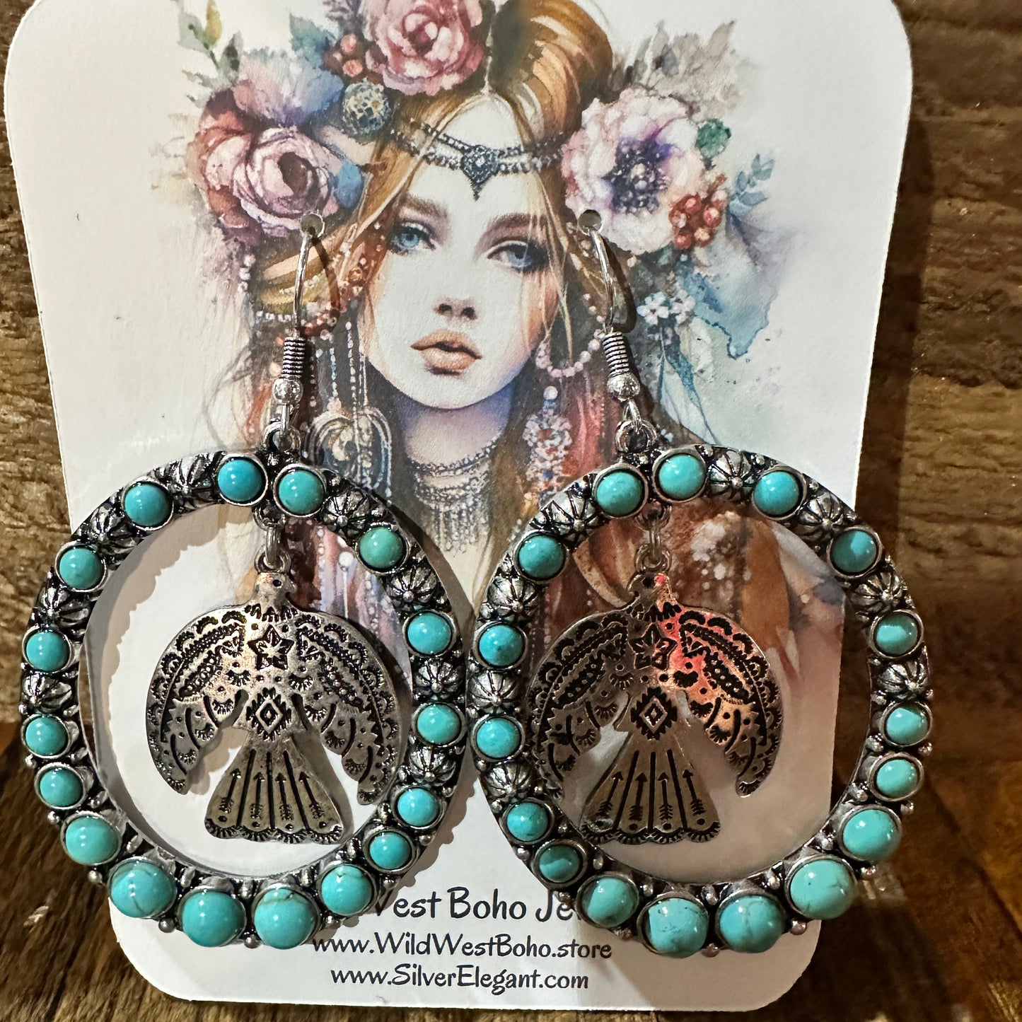 Boho Turquoise Thunderbird Oversized Western Oval Earrings, Gift Box