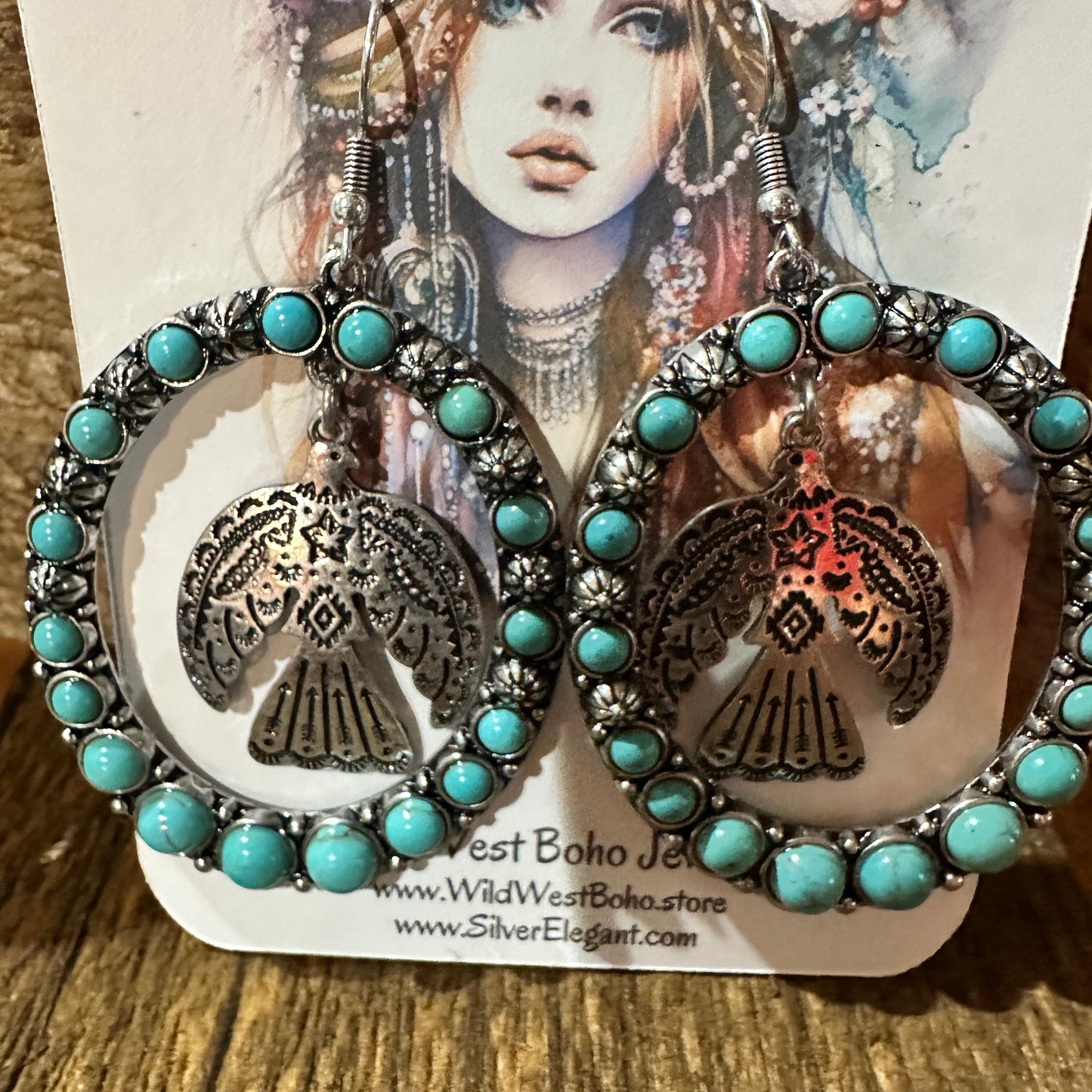 Boho Turquoise Thunderbird Oversized Western Oval Earrings, Gift Box