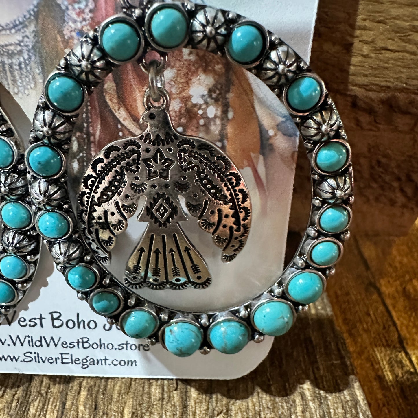 Boho Turquoise Thunderbird Oversized Western Oval Earrings, Gift Box