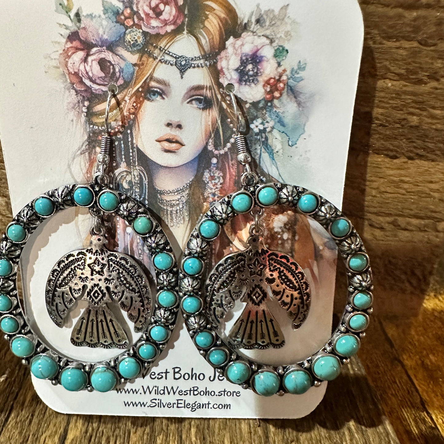 Boho Turquoise Thunderbird Oversized Western Oval Earrings, Gift Box