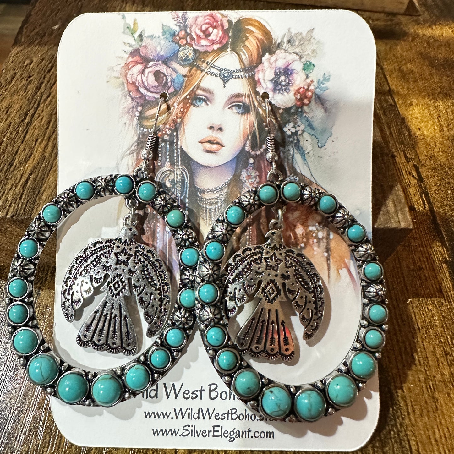 Boho Turquoise Thunderbird Oversized Western Oval Earrings, Gift Box