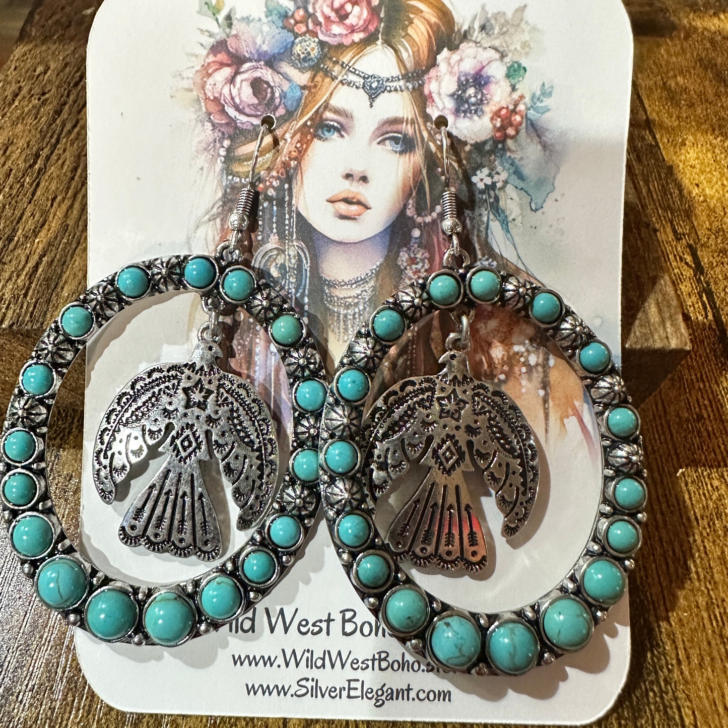 Boho Turquoise Thunderbird Oversized Western Oval Earrings, Gift Box