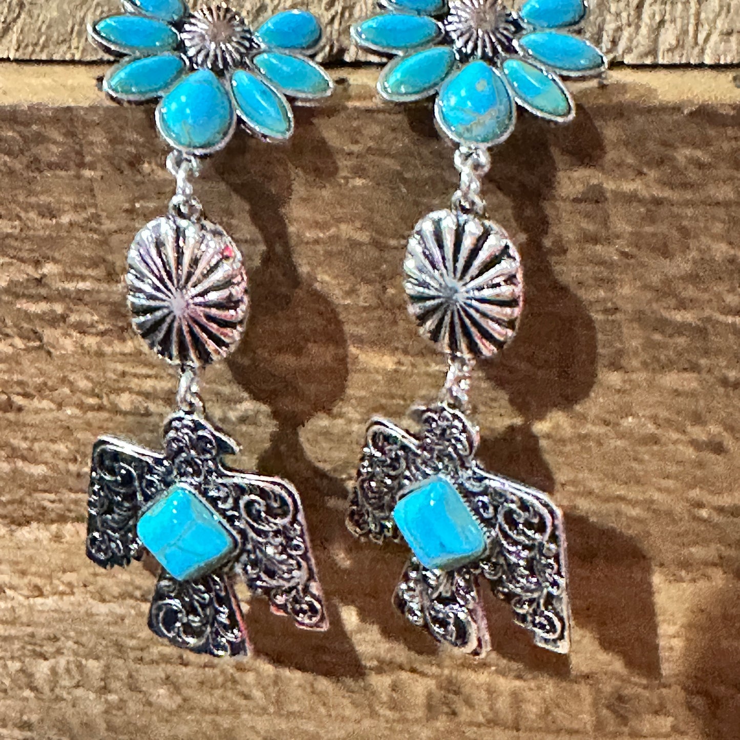 Navajo Thunderbirds & Turquoise: Enchanting Three Charm Dangle Earrings