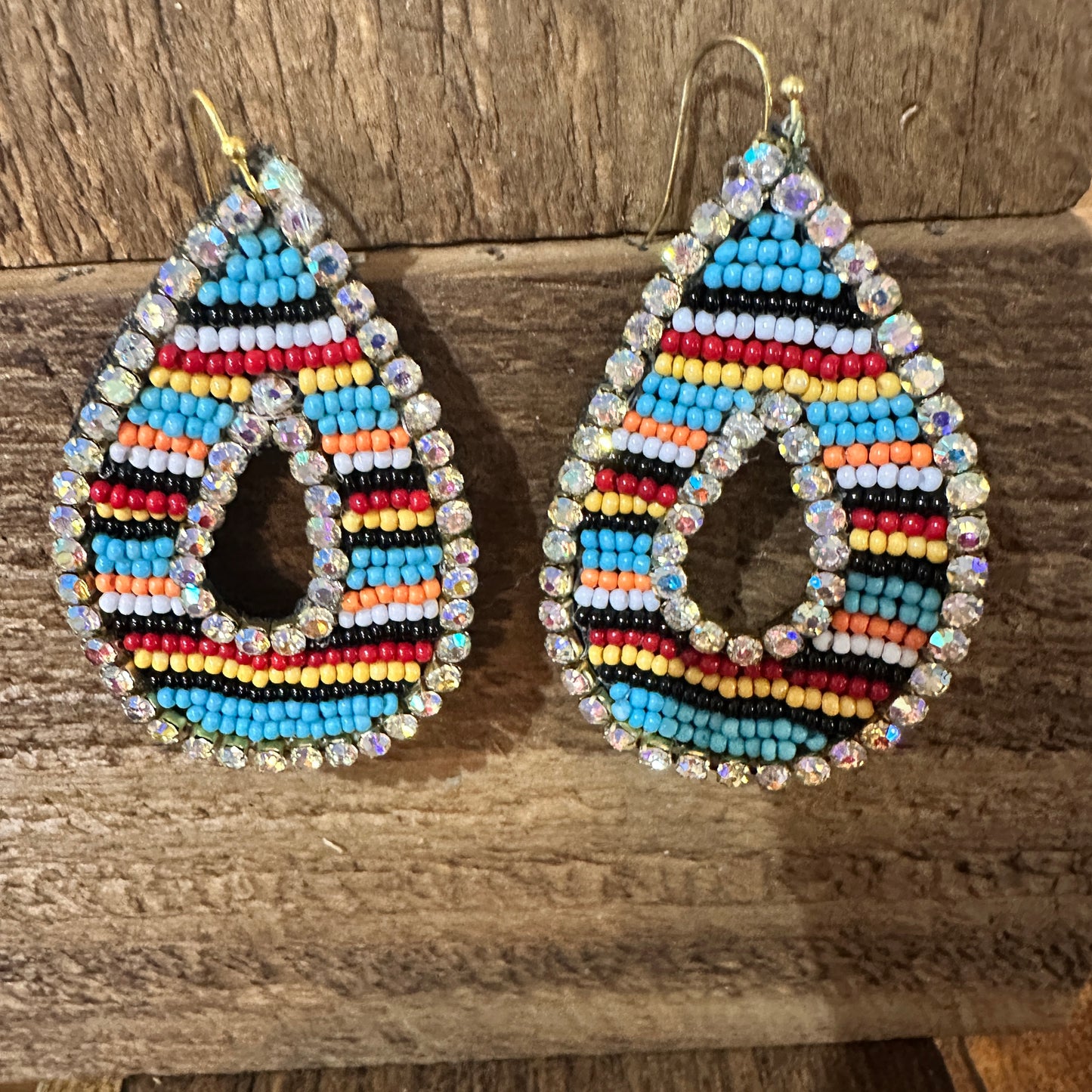 Southwestern Chic Teardrop Dangle Earrings, Rhinestones Seed Beads, Gift Box