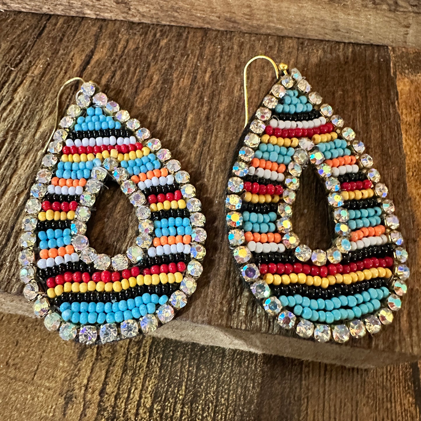 Southwestern Chic Teardrop Dangle Earrings, Rhinestones Seed Beads, Gift Box