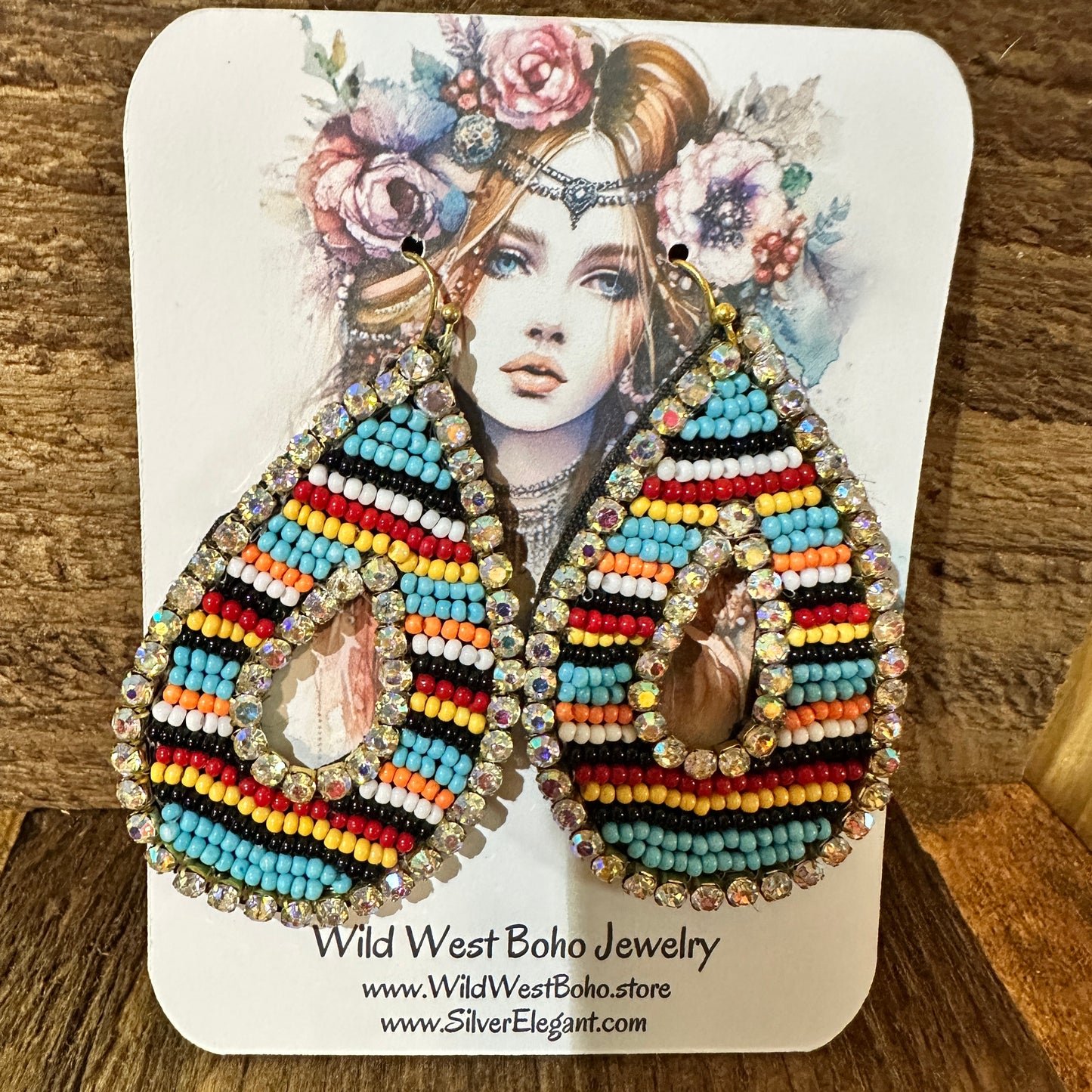 Southwestern Chic Teardrop Dangle Earrings, Rhinestones Seed Beads, Gift Box