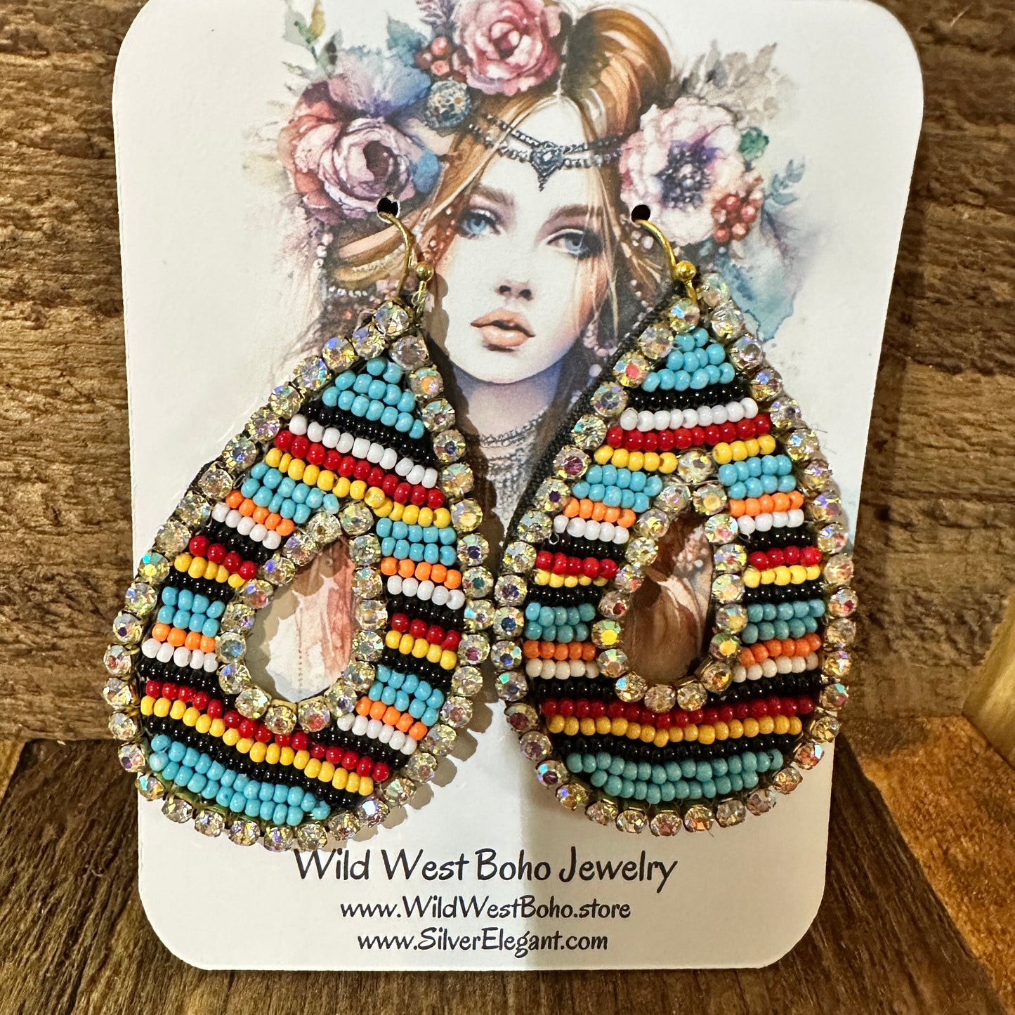 Southwestern Chic Teardrop Dangle Earrings, Rhinestones Seed Beads, Gift Box