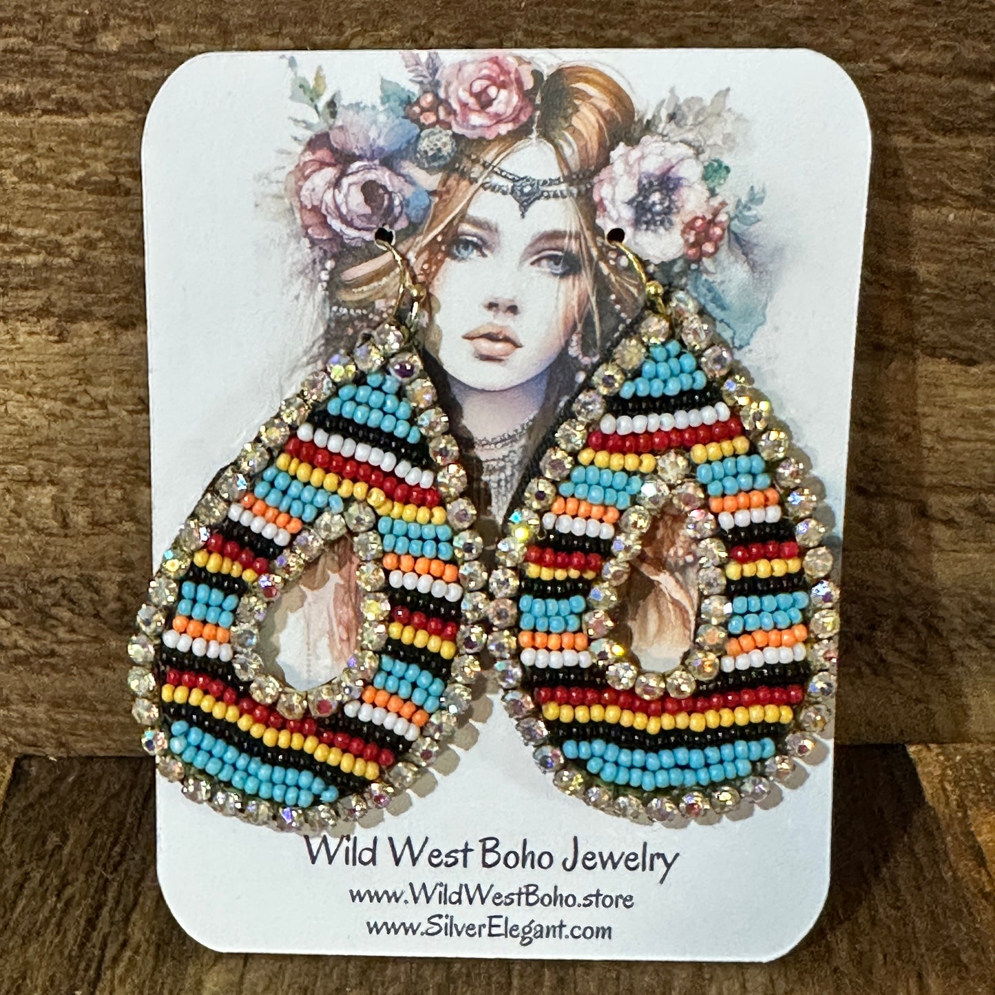 Southwestern Chic Teardrop Dangle Earrings, Rhinestones Seed Beads, Gift Box