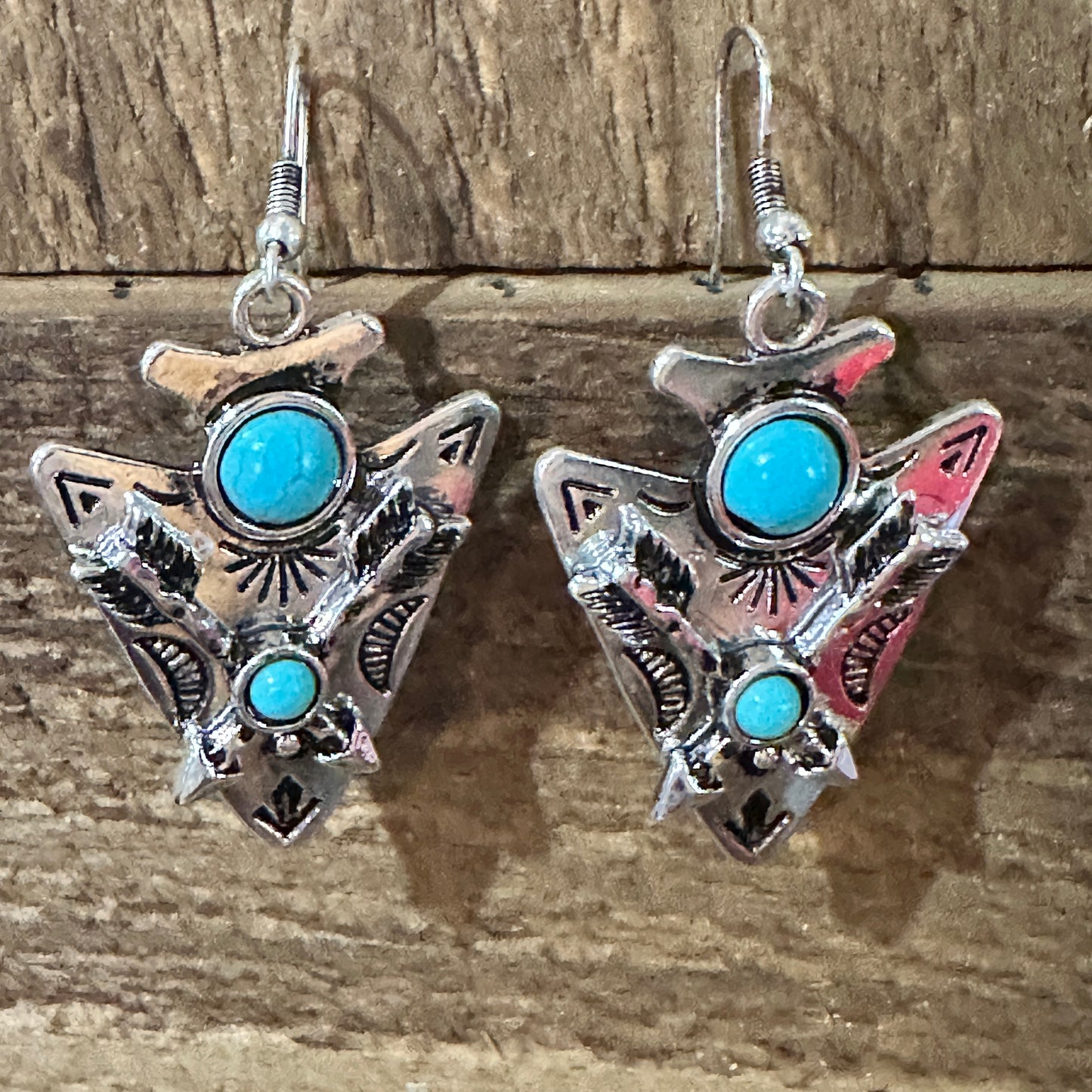 Boho Chic Turquoise-Embellished Native Arrowhead Dangle Earrings, Gift Box