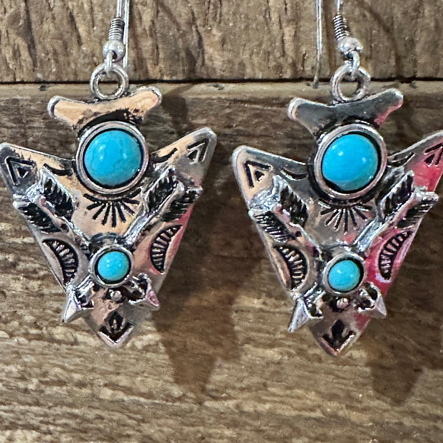 Boho Chic Turquoise-Embellished Native Arrowhead Dangle Earrings, Gift Box
