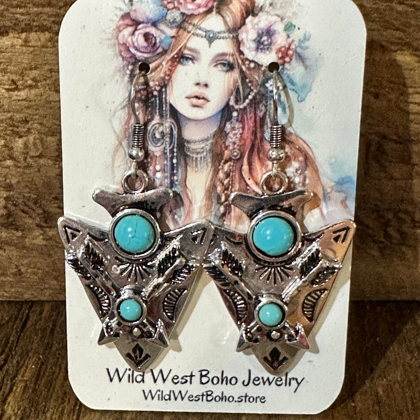 Boho Chic Turquoise-Embellished Native Arrowhead Dangle Earrings, Gift Box