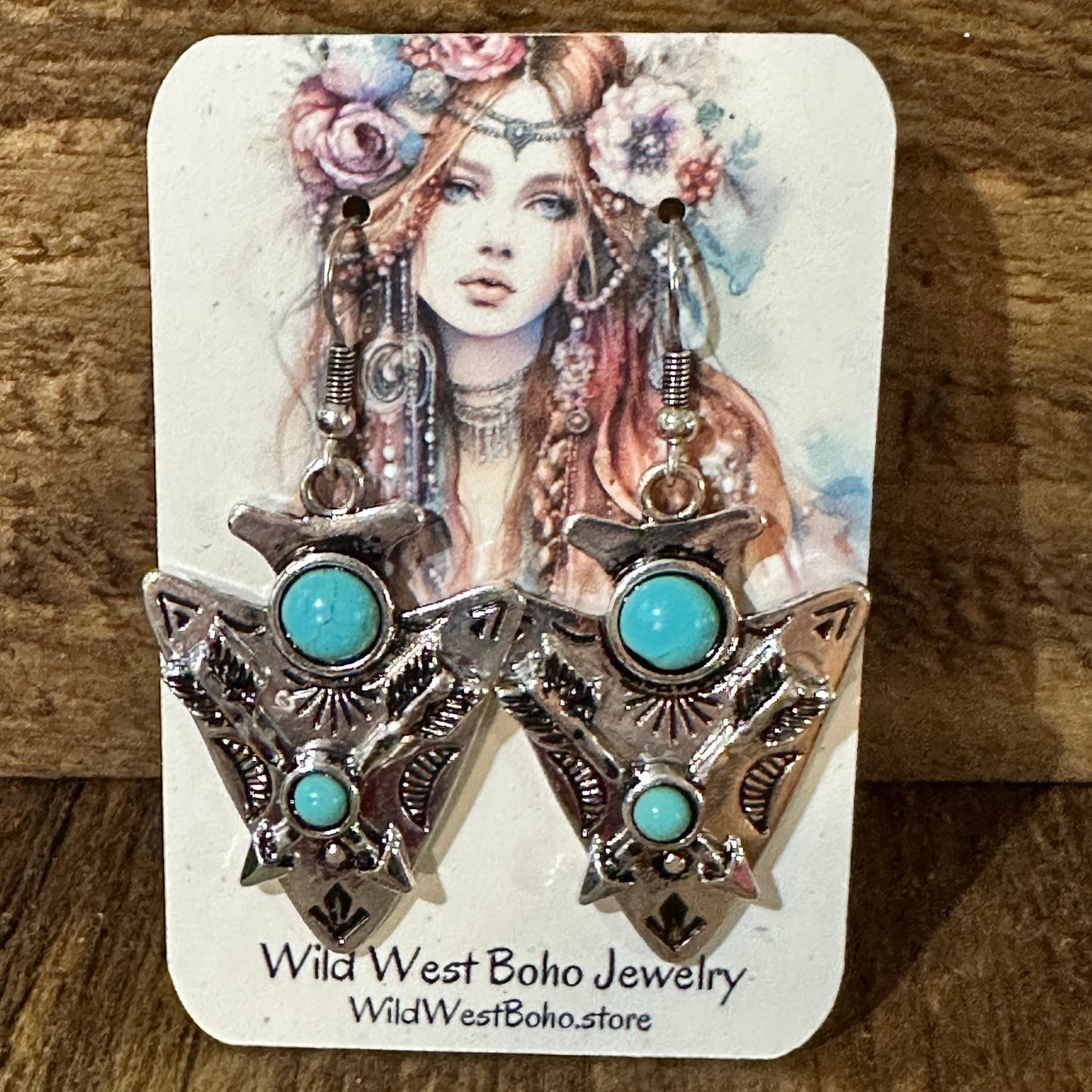 Boho Chic Turquoise-Embellished Native Arrowhead Dangle Earrings, Gift Box
