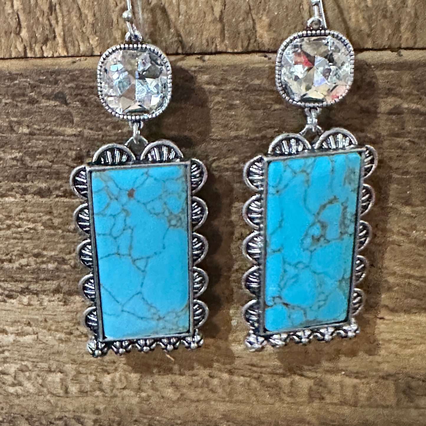 Boho Turquoise Elegance: Crystal-Studded Rectangle Earrings, Gift Box