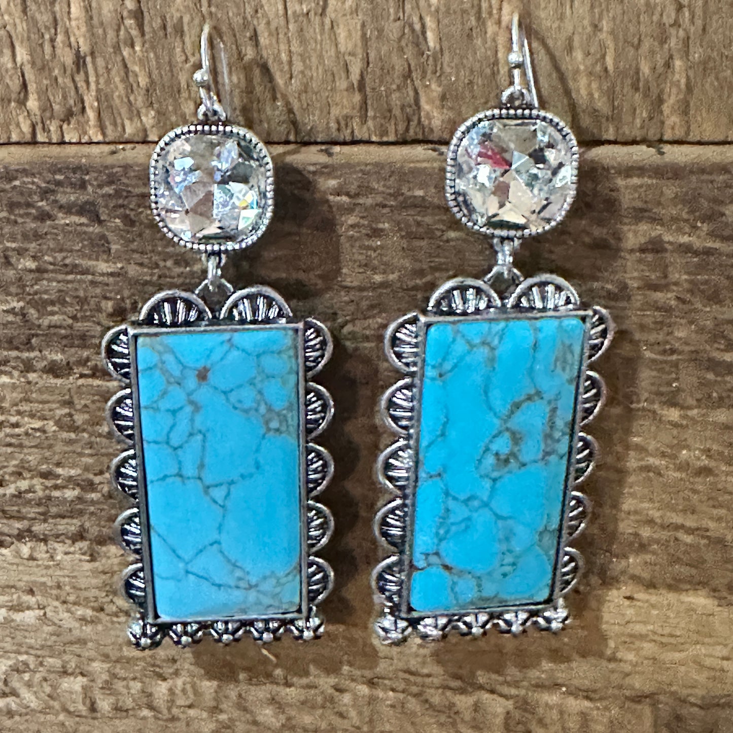 Boho Turquoise Elegance: Crystal-Studded Rectangle Earrings, Gift Box