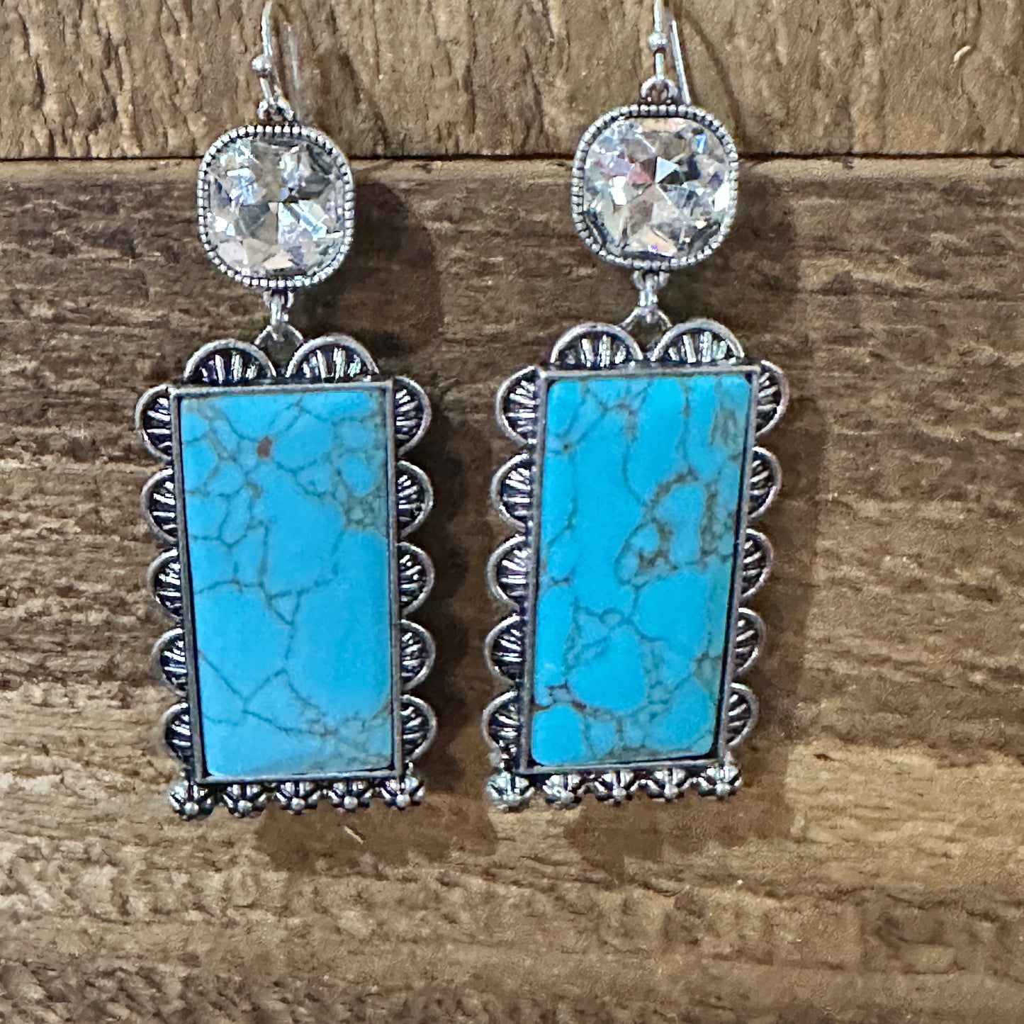 Boho Turquoise Elegance: Crystal-Studded Rectangle Earrings, Gift Box