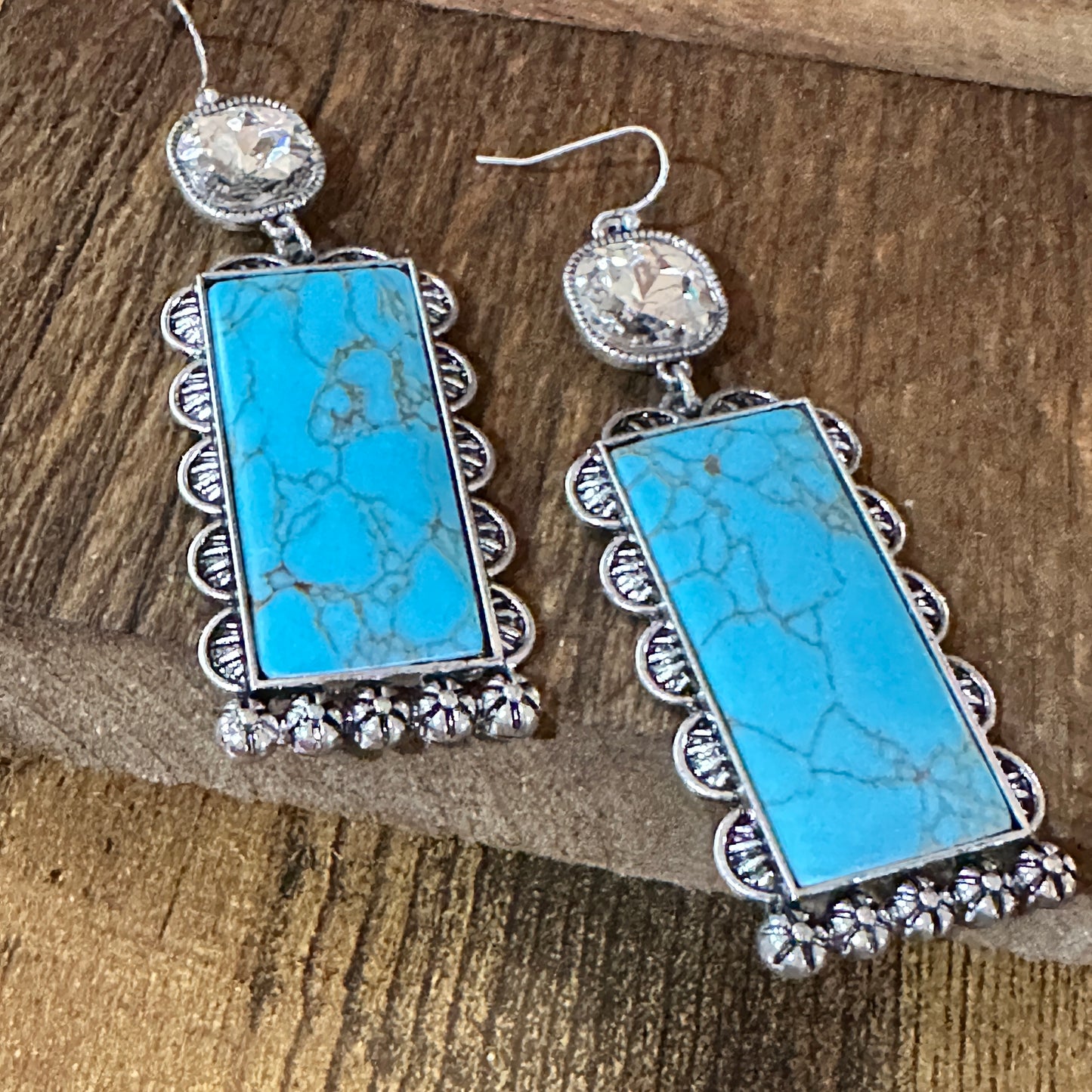 Boho Turquoise Elegance: Crystal-Studded Rectangle Earrings, Gift Box
