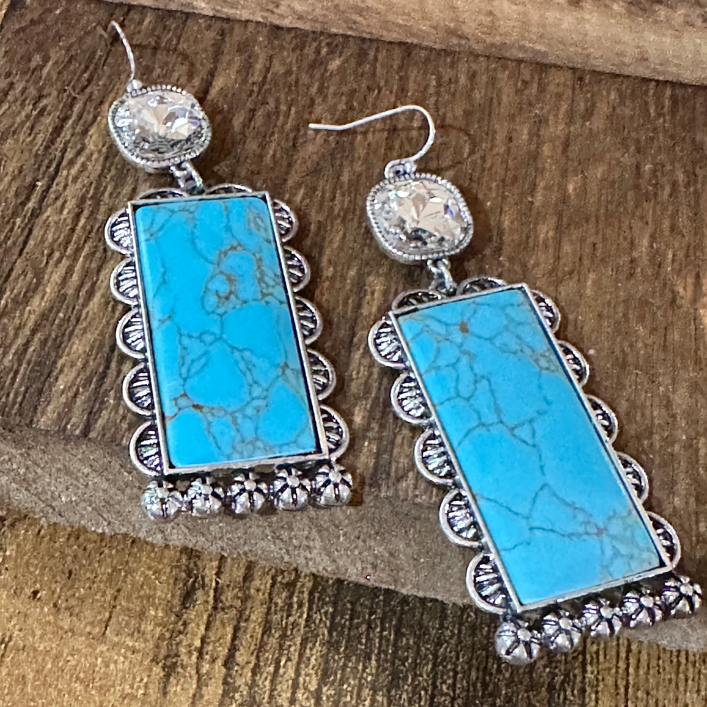Boho Turquoise Elegance: Crystal-Studded Rectangle Earrings, Gift Box