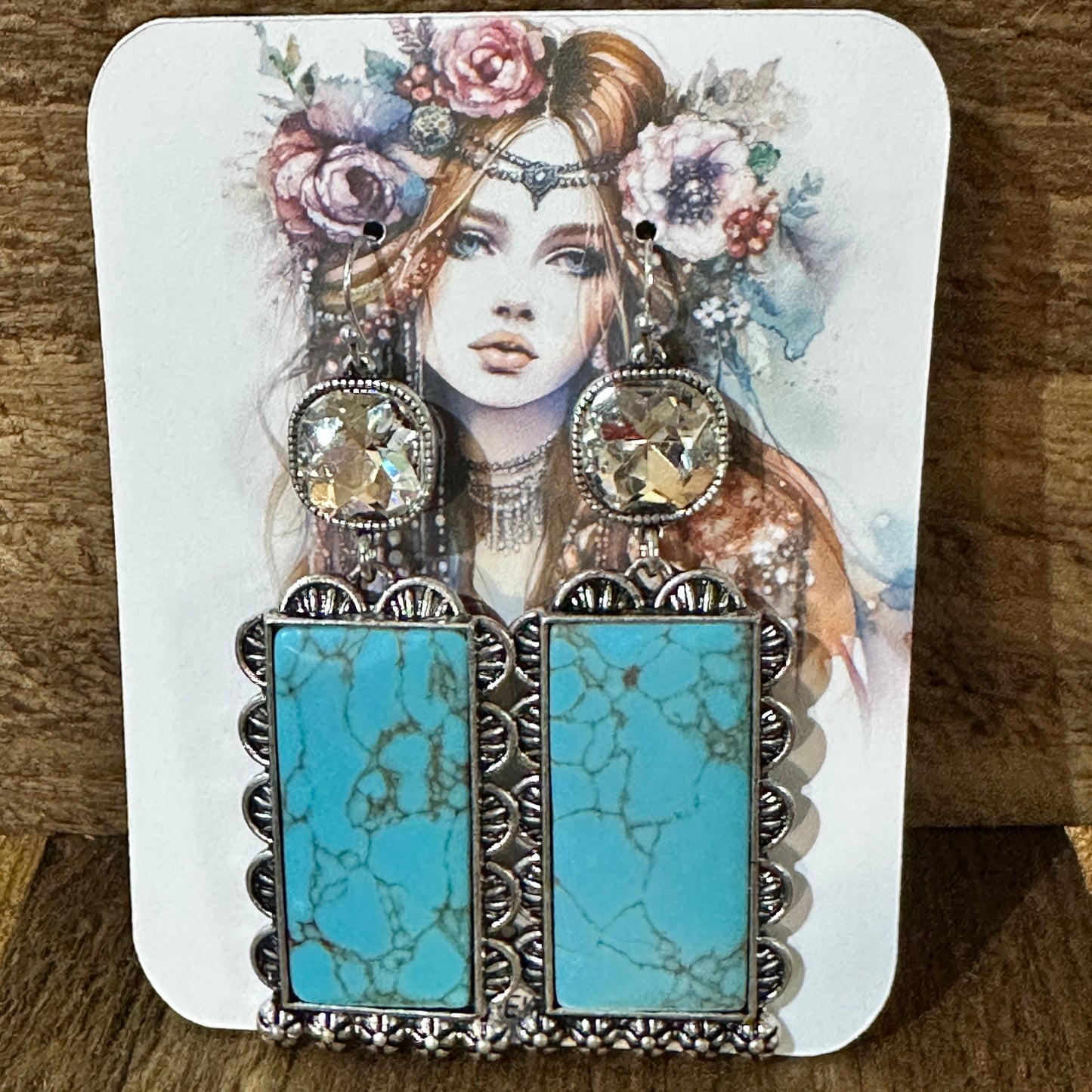 Boho Turquoise Elegance: Crystal-Studded Rectangle Earrings, Gift Box