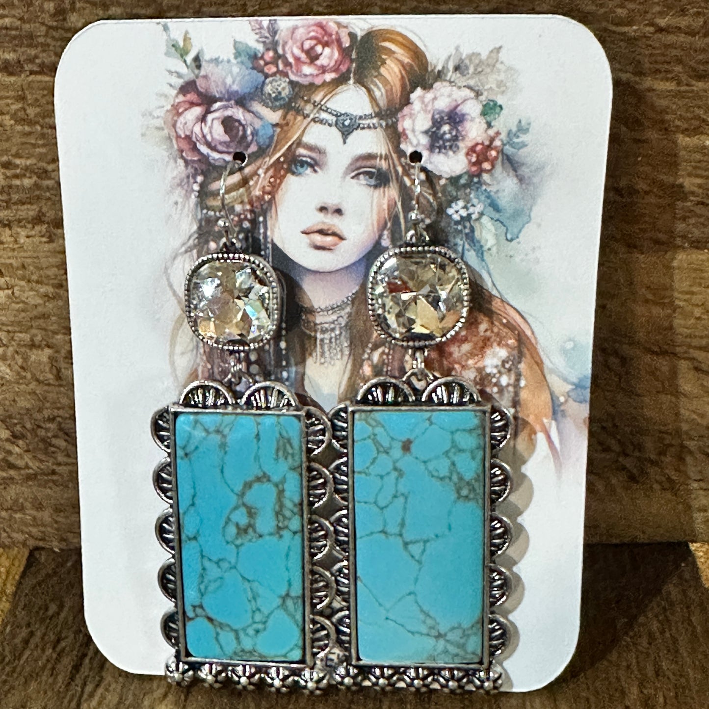Boho Turquoise Elegance: Crystal-Studded Rectangle Earrings, Gift Box
