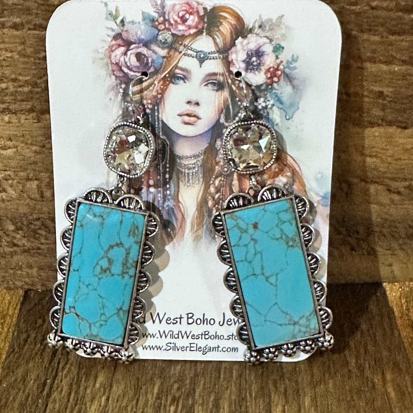 Boho Turquoise Elegance: Crystal-Studded Rectangle Earrings, Gift Box