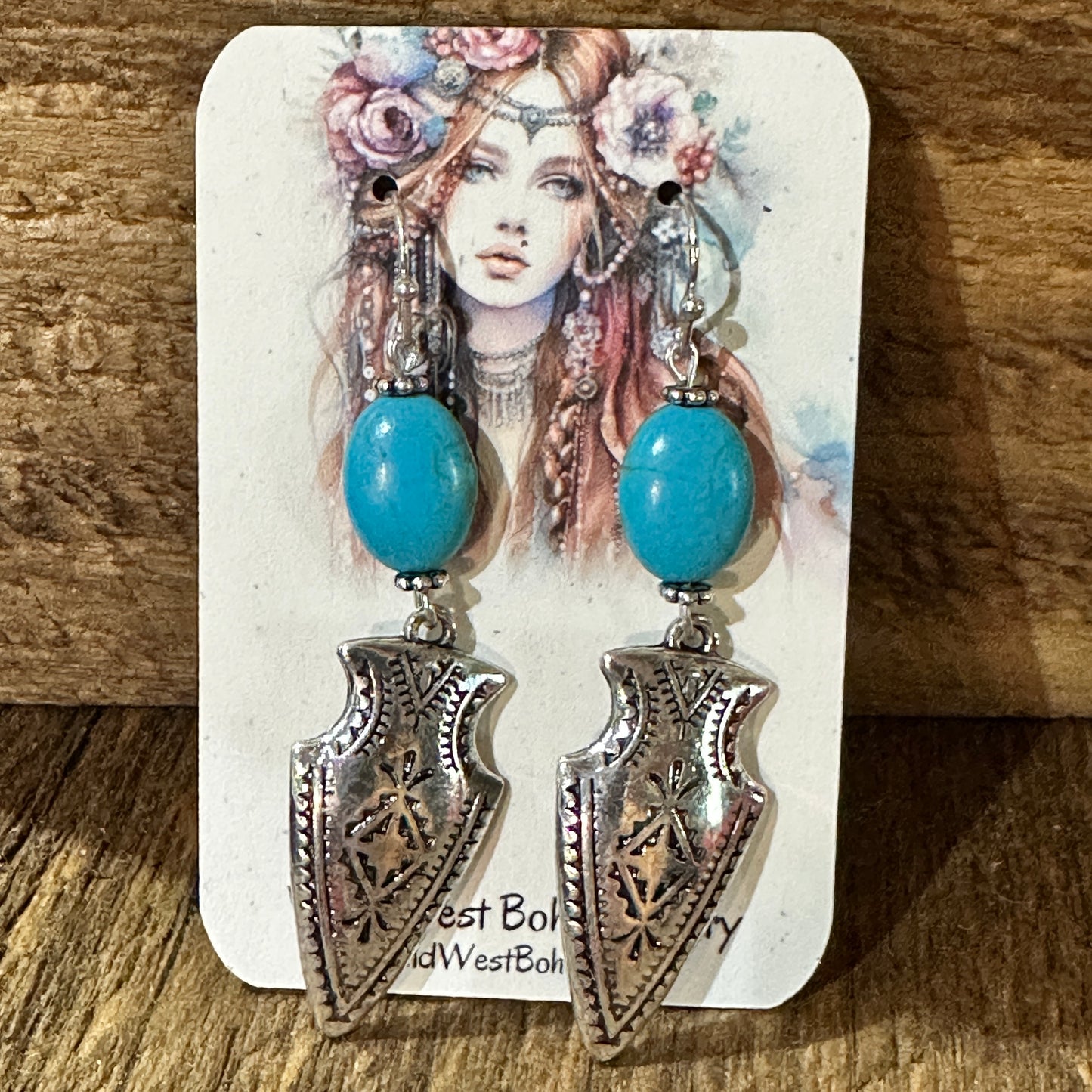 Handcrafted Boho Chic Native American Turquoise Silver Arrow Dangle Earrings Gift Box, perfect for unique gifting.