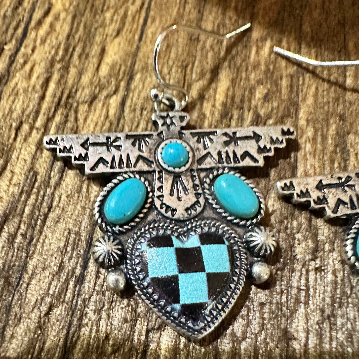 Boho Turquoise Thunderbird Earrings, Stylish Checkered Design, Gift Box