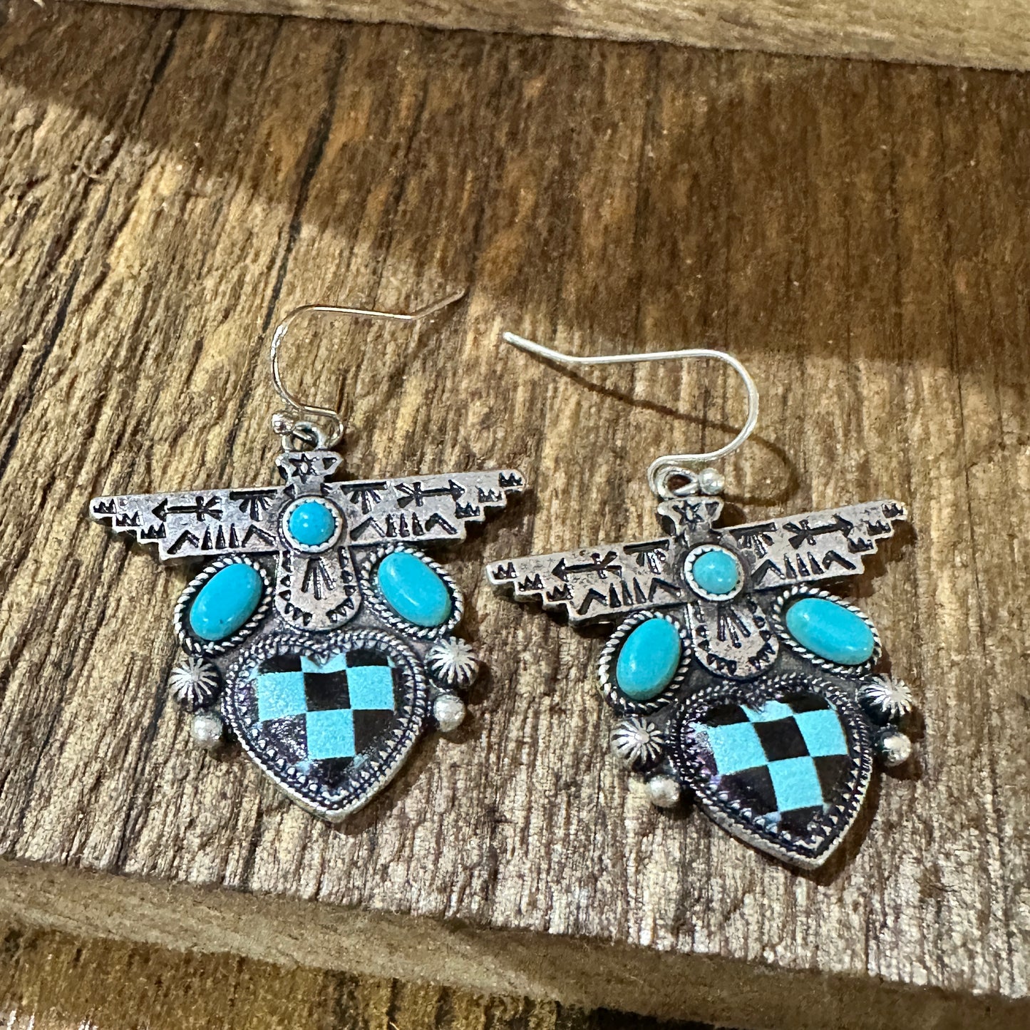 Boho Turquoise Thunderbird Earrings, Stylish Checkered Design, Gift Box