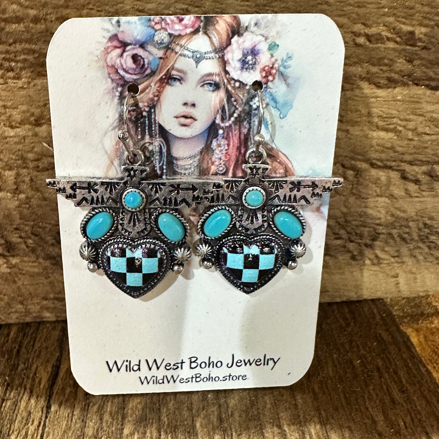 Boho Turquoise Thunderbird Earrings, Stylish Checkered Design, Gift Box
