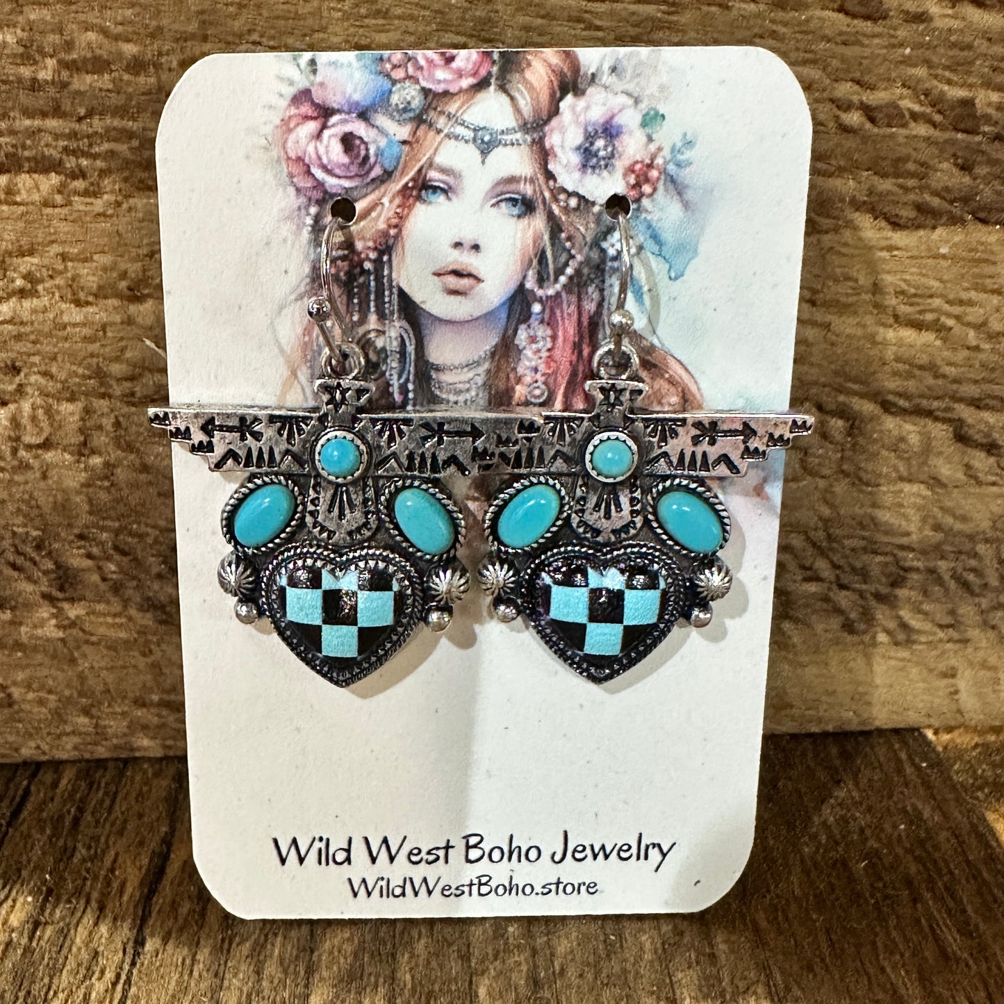 Boho Turquoise Thunderbird Earrings, Stylish Checkered Design, Gift Box