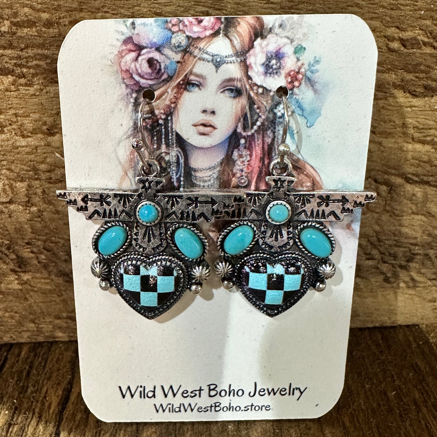 Boho Turquoise Thunderbird Earrings, Stylish Checkered Design, Gift Box