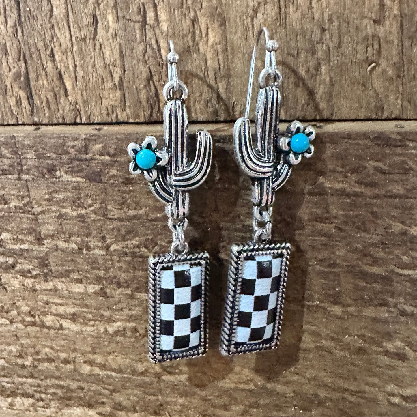 Boho Chic Turquoise Cactus Checkerboard Bar Earrings in Oxidized Silver, Gift Box