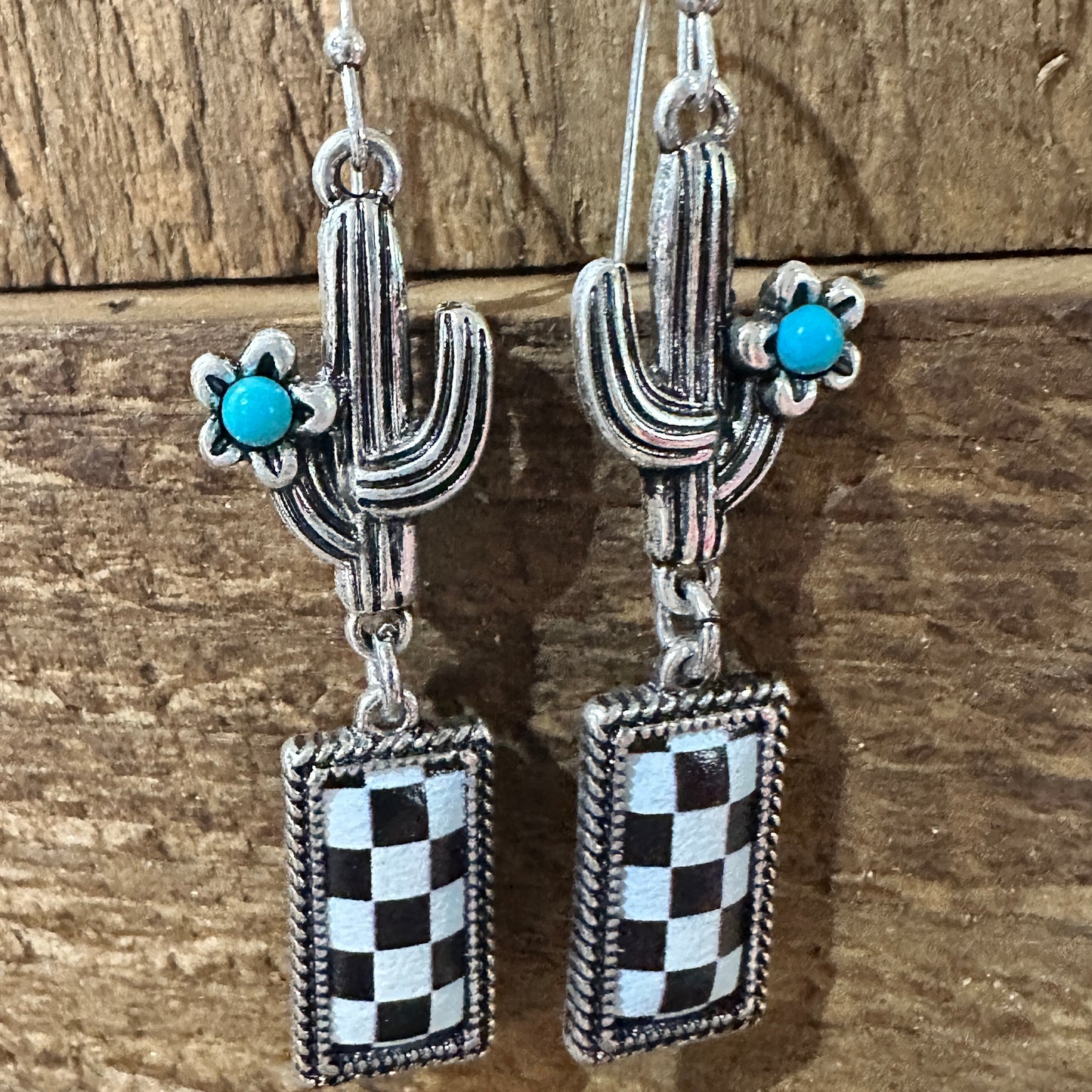 Boho Chic Turquoise Cactus Checkerboard Bar Earrings in Oxidized Silver, Gift Box