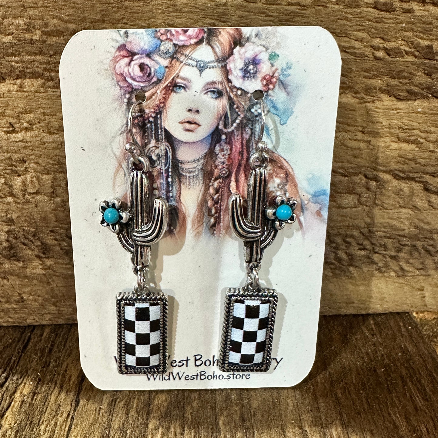 Boho Chic Turquoise Cactus Checkerboard Bar Earrings in Oxidized Silver, Gift Box
