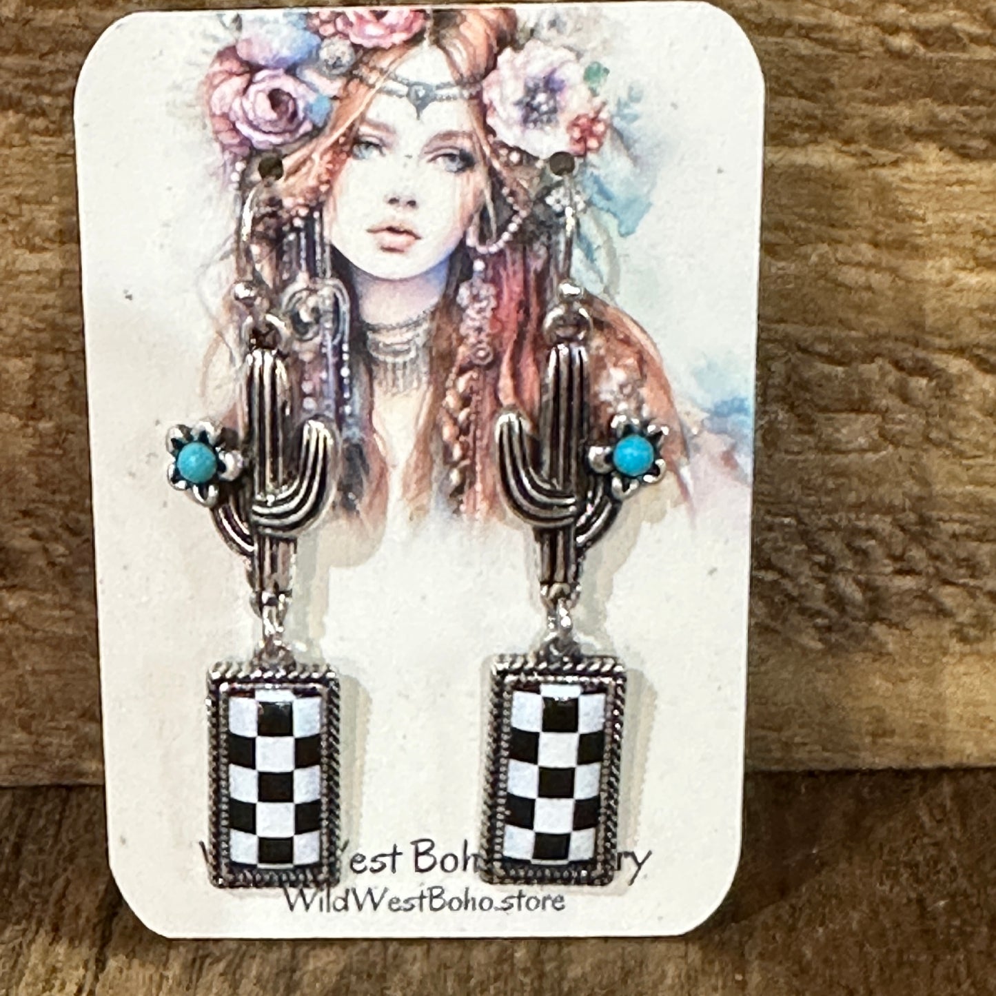 Boho Chic Turquoise Cactus Checkerboard Bar Earrings in Oxidized Silver, Gift Box