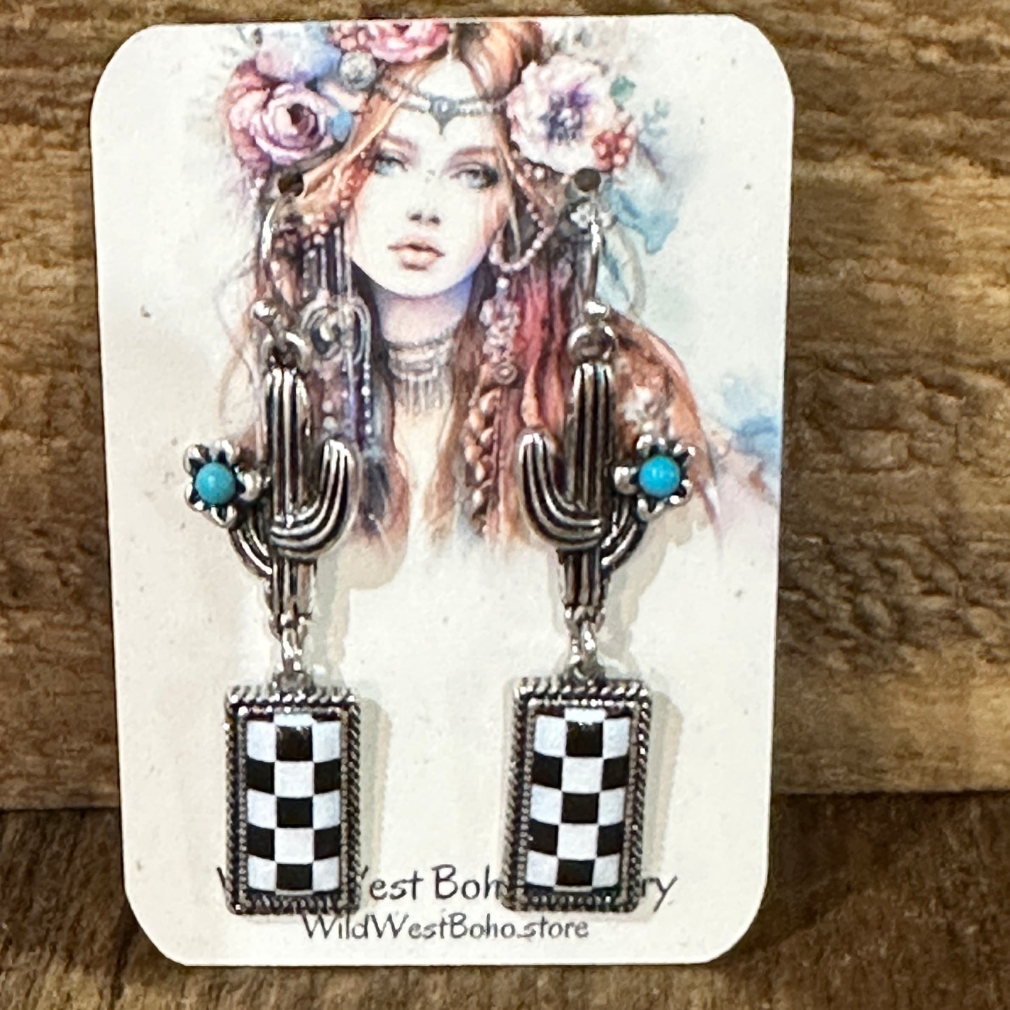 Boho Chic Turquoise Cactus Checkerboard Bar Earrings in Oxidized Silver, Gift Box