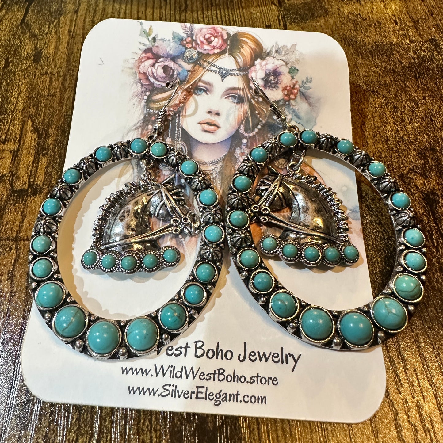 Boho Vibrant Turquoise Horse Estuarian Charm Statement Earrings , Gift Box