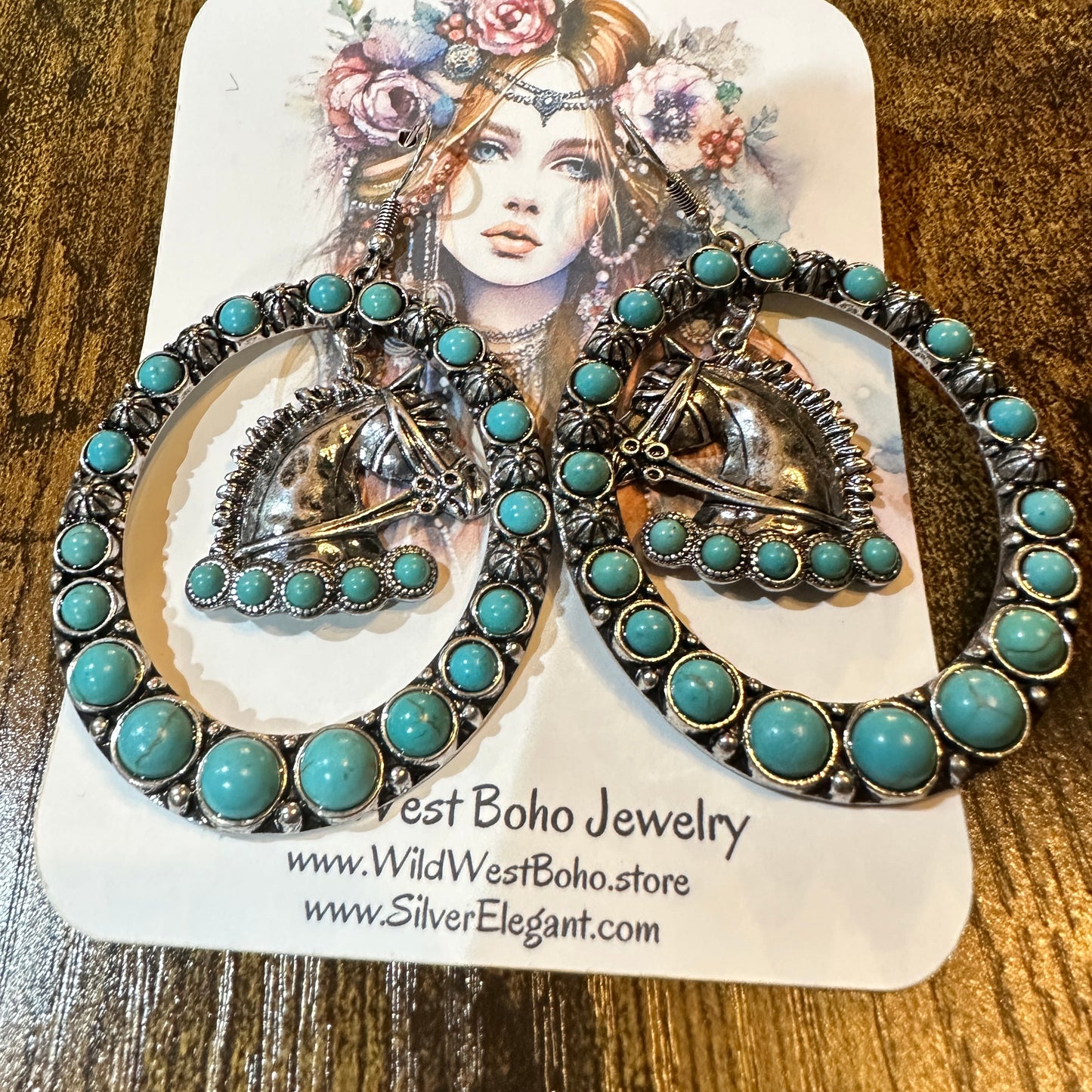 Boho Vibrant Turquoise Horse Estuarian Charm Statement Earrings , Gift Box
