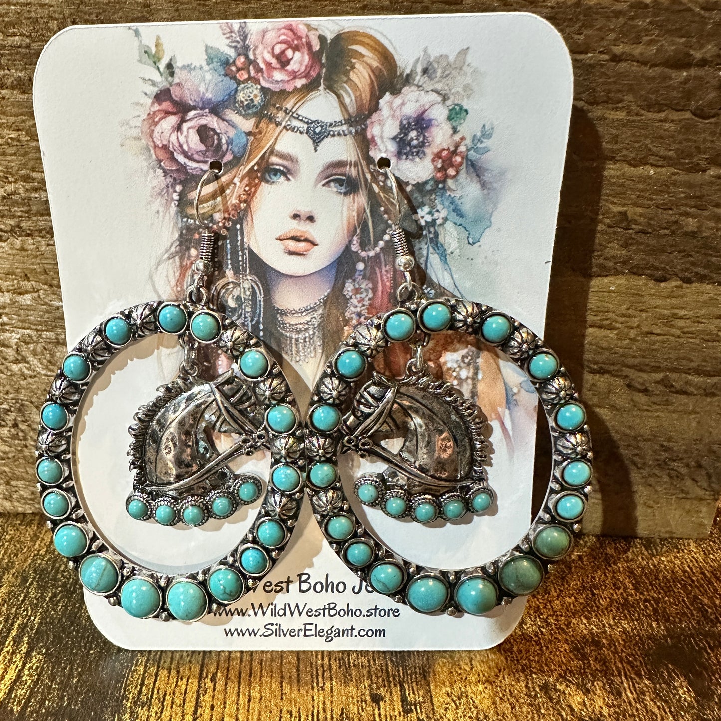 Boho Vibrant Turquoise Horse Estuarian Charm Statement Earrings , Gift Box