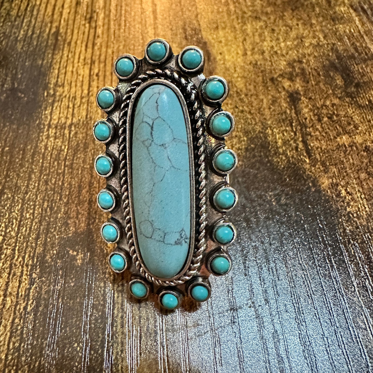 Boho Chic Turquoise Dream: Elegant Long Cabochon Stretch Ring, Gift Box