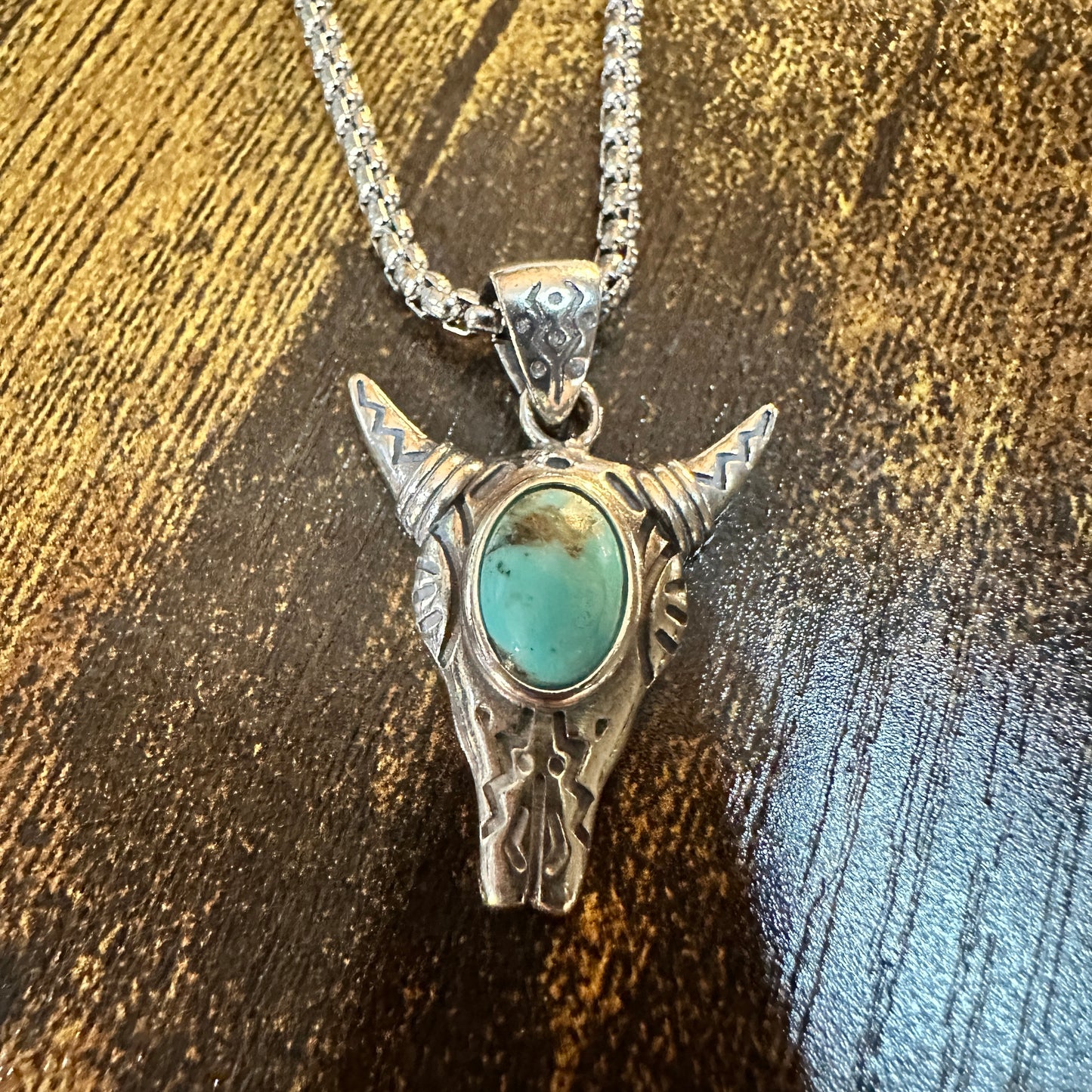 Boho Turquoise-Embellished Cow Skull Chain Necklace: 18" Sterling Silver Elegance, Gift Box