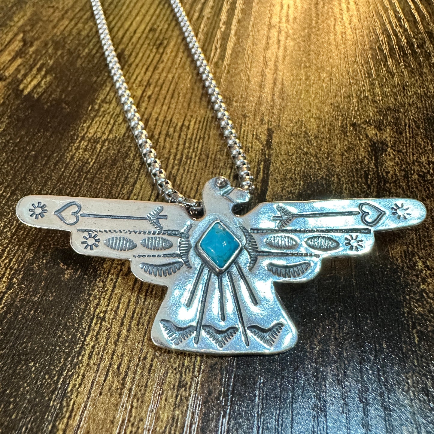 Native American Handcrafted Thunderbird Turquoise and Silver Pendant Necklace, Gift Box