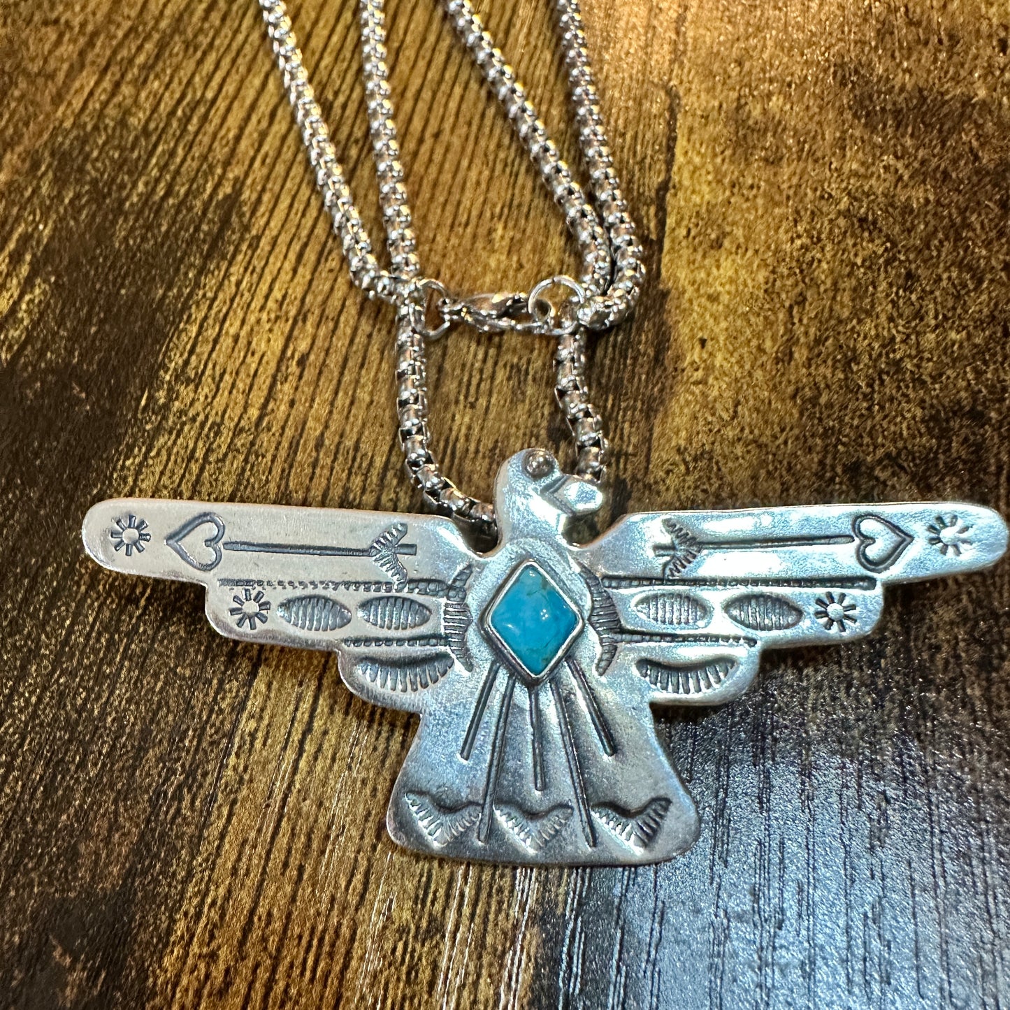 Native American Handcrafted Thunderbird Turquoise and Silver Pendant Necklace, Gift Box