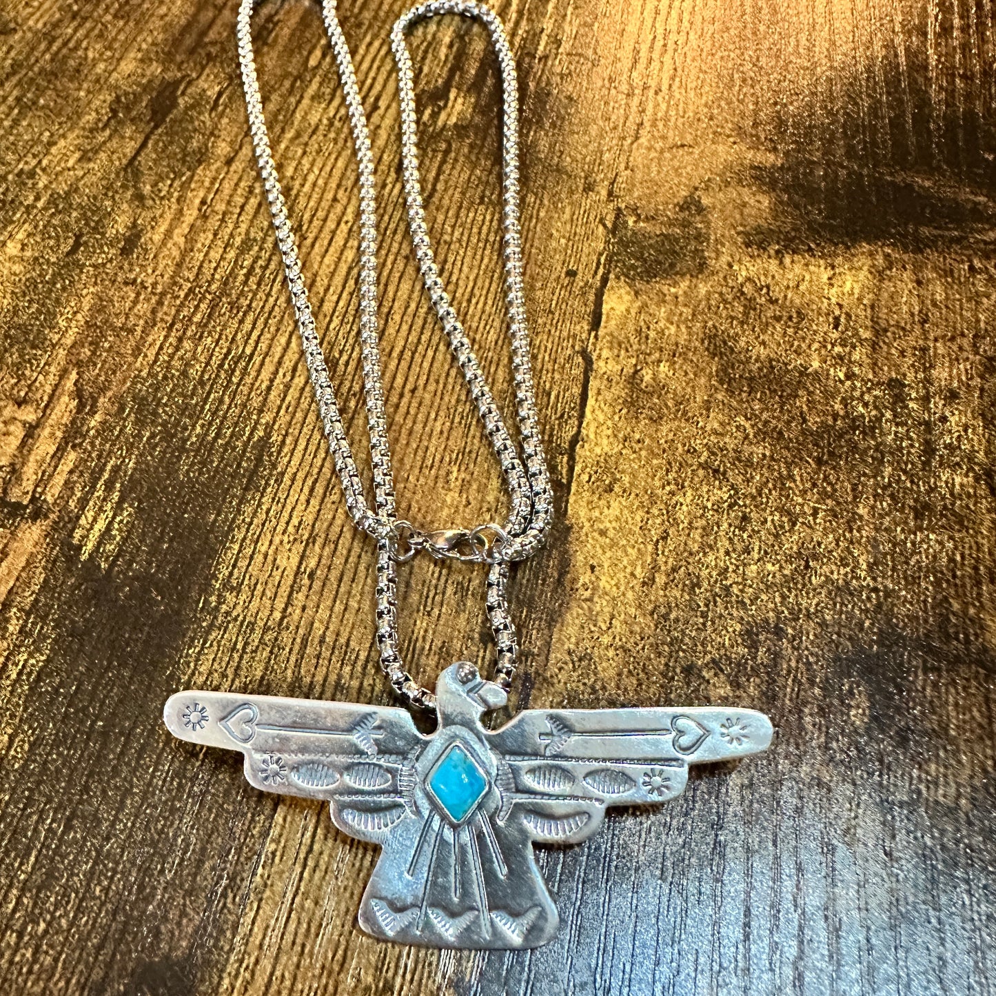 Native American Handcrafted Thunderbird Turquoise and Silver Pendant Necklace, Gift Box