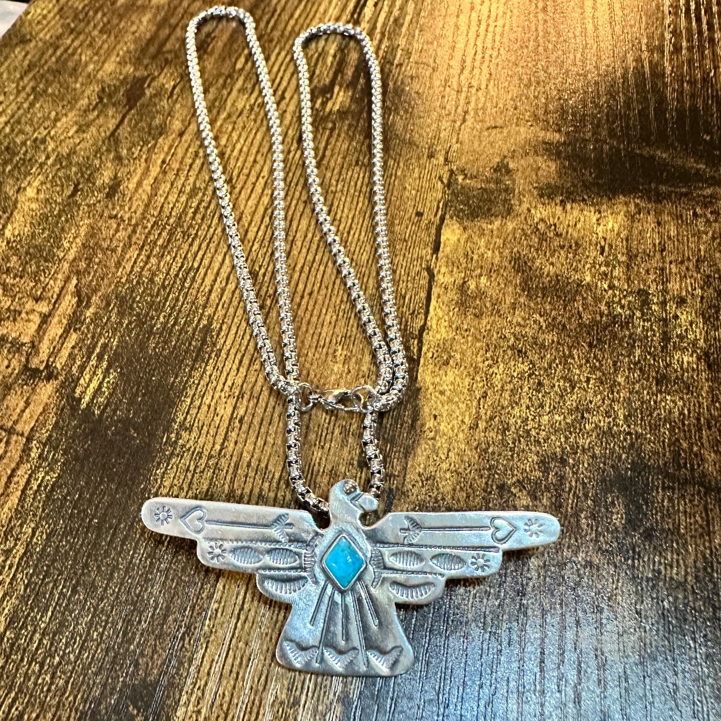 Native American Handcrafted Thunderbird Turquoise and Silver Pendant Necklace, Gift Box