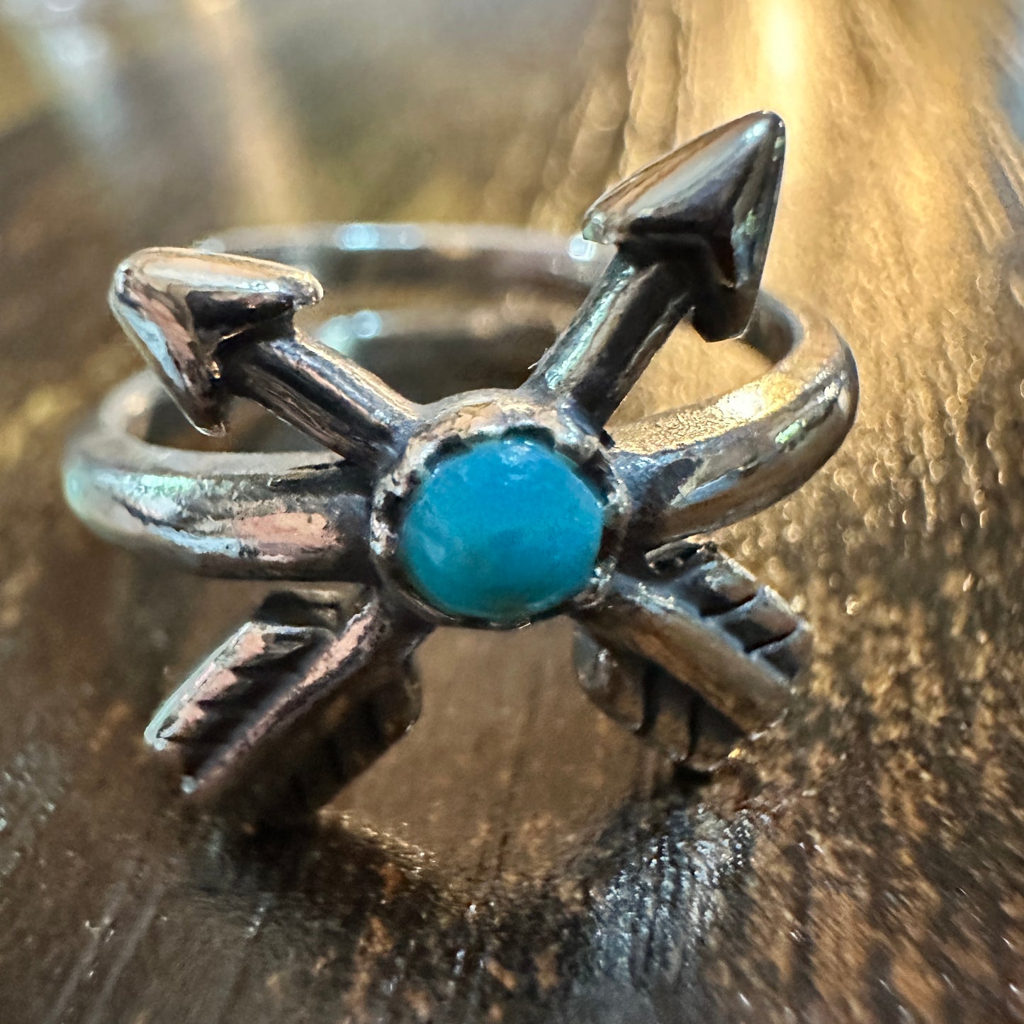 Boho Native American Friendship Arrow Adjustable Sterling Silver Turquoise Ring, Gift Box