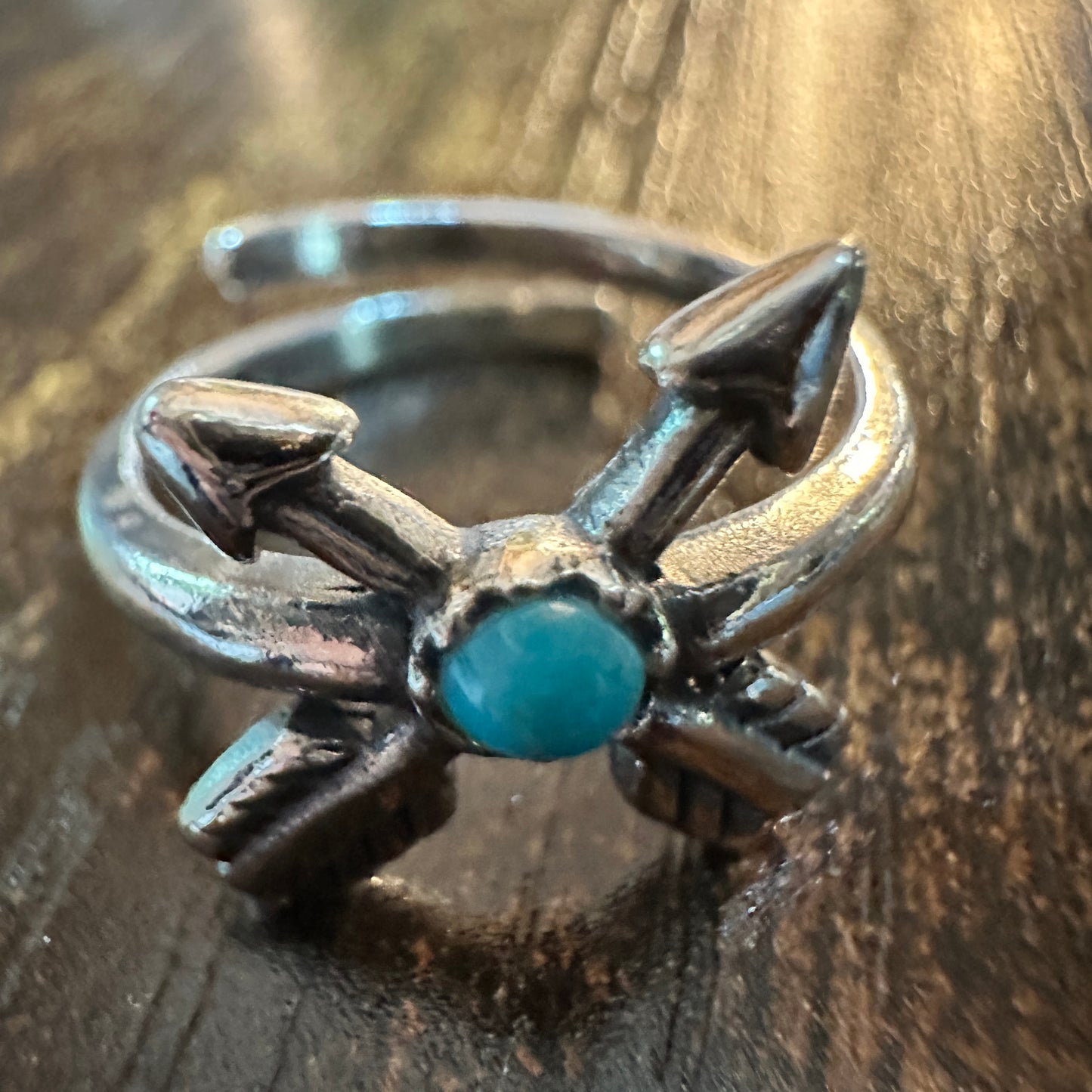 Boho Native American Friendship Arrow Adjustable Sterling Silver Turquoise Ring, Gift Box
