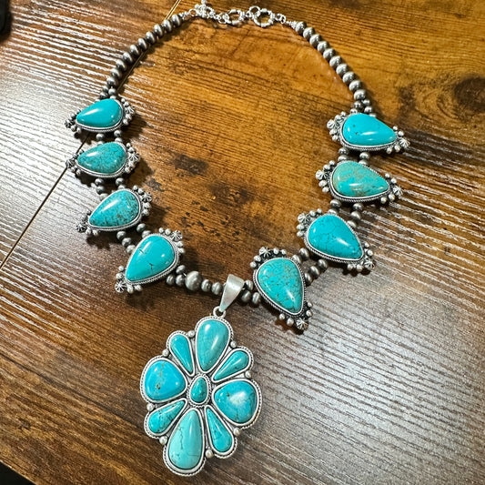 Squash Blossom Turquoise Necklace, Southwestern Cowgirl Necklace, Ships in Gift Box
