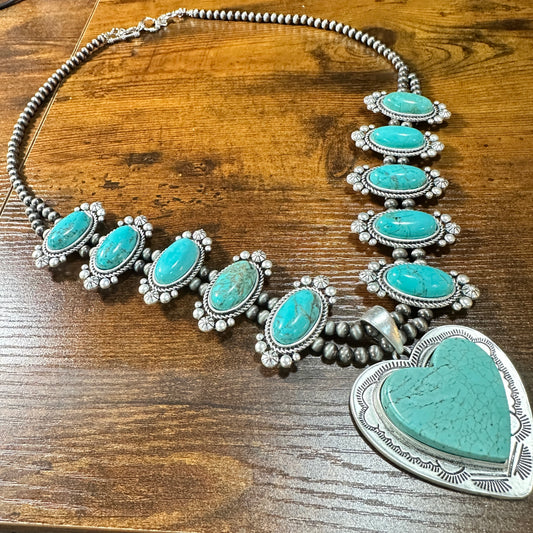 Handmade Squash Blossom Turquoise Necklace 30 Inch, Boho Southwestern, Ships in Gift Box